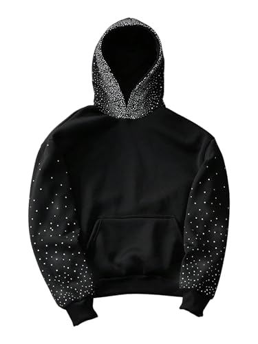 Verdusa Men's Rhinestone Hoodie Streetwear Pullover Sweatshirts with Pockets