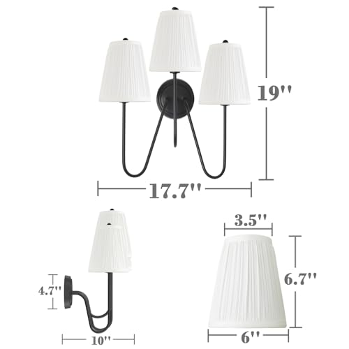 Image of Electro bp; Elegant Triple Sconce Black Curved Metal Arm with Warm White Pleated Fabric Lamp Shades Brocade Cover Wall Light Fixture,E12,3 Sockets,120W,Hardwired;
