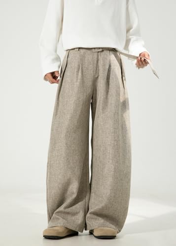 Men's Baggy Wide Leg Pants High Waisted Belt Zipper Fly Pleated Work Casual Business Long Trousers with Pocket4