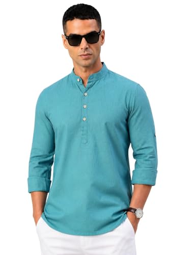 Image of Majestic Man Men's Pure Cotton Solid Mandarin Collar Slim Fit Roll-Up Sleeves Short Kurta Lightweight Summer Kurta for Daily & Occasion Use
