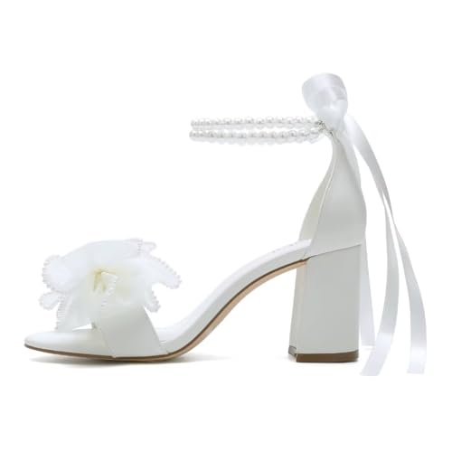 Image of Pearl Wedding Shoes for Bride Block Heel Wedding Sandals Open Toe Bridal Shoes Bow Knot Heeled Sandals