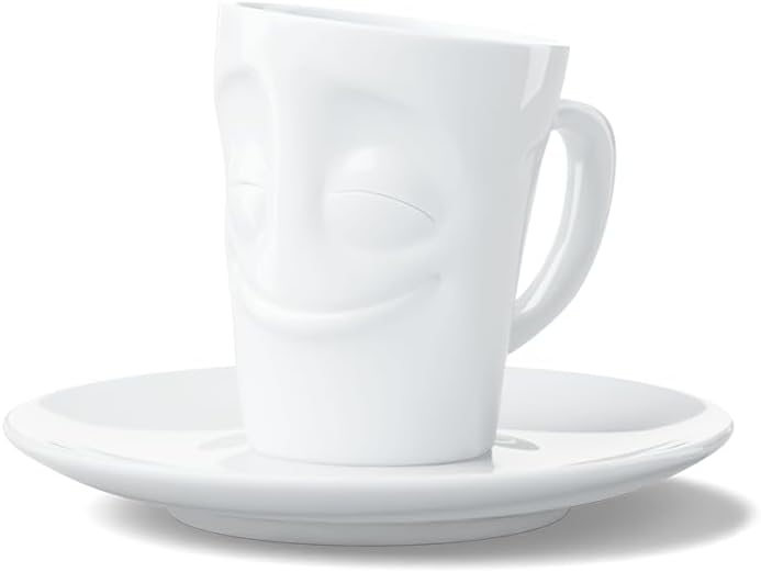 FIFTYEIGHT PRODUCTS TASSEN Porcelain Espresso Mug with Saucer, Cheery Face Edition, 2.7 oz. White (Single Cup & Saucer)