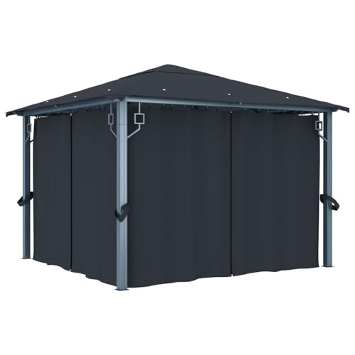 Gecheer Paviljoen met gordijnen, 300 × 300 cm, antraciet, aluminium, tuinpaviljoen, partytent voor tuin, strand, gezinnen, festivals, grillvrienden