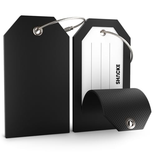 Shacke Large Luggage Tags (2pcs) with Privacy Cover and Steel Loops (Black Plain)