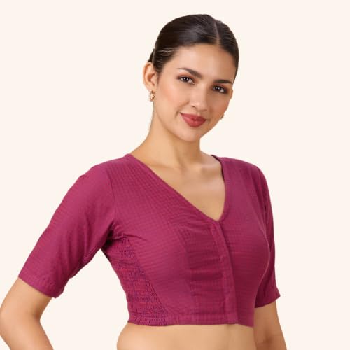 Image of Studio Shringaar Women Cotton Half Sleeve Madras Checks Saree Blouse with Stretchable Sides