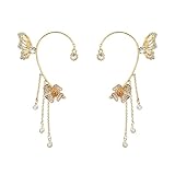 SUPVOX Pendiente Ear Cuff Dorado Forma de Flor y Borlas, Clip para Oreja Izquierda y Derecha, Joyería Femenina para Uso Diario y Eventos, Accesorio Ligero Perforación, Decoración