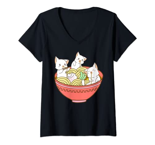 Donna Kawaii Anime Cat Japanese Ramen Noodles - Cute Kitten Maglietta con Collo a V