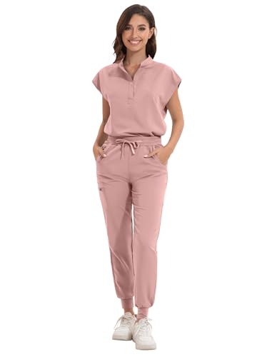 GGEH Scrub for Women Set - Stretch Scrub Top & Jogger Pants Mandarin Collar Anti-Wrinkle Scrub Suit Medical Uniform (Pink, Medium)