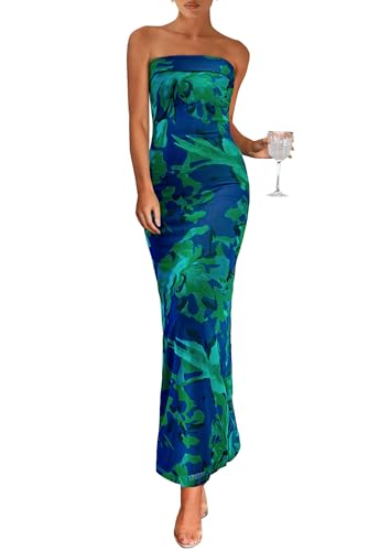 PRETTYGARDEN Womens Floral Long Strapless Summer Dress,Green Floral,L