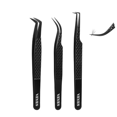 VEYES INC Lash Tweezers for Eyelash Extensions Fiber Tip Tweezers Kit for Individual Classic and Volume Lash 3PCS Stainless Steel Lash Tweezers-Black