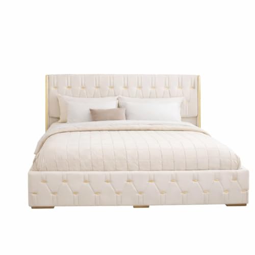 Image of Royal Aura Upholstered King Size Bed with Box Storage for Bedroom | Elegant Wooden Double Bed with Storage | Platform Cot Palang with Tufted Headboard | 6.5 x 6 Ft | Sheesham Wood | White