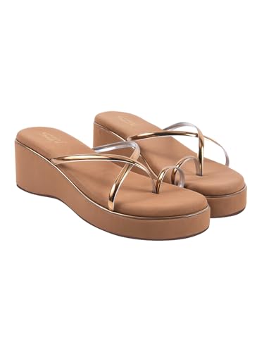 NZS Women’s Strap Wedge Golden Strap Wedge Sandals – Stylish Comfortable Slip-On Platform Slides | Soft Cushion Footbed Anti-Slip Sole – Perfect for Daily Casual Footwear-EU36