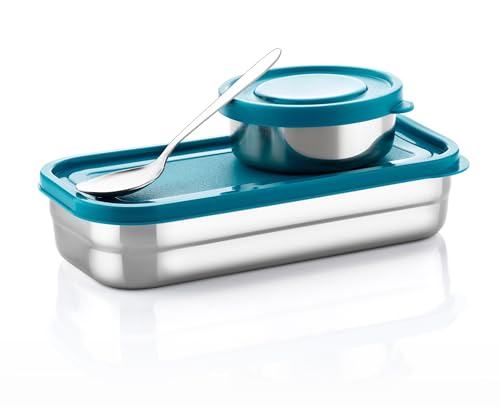 Image of TOFEE Big Stainless Steel Lunch Box for Office & School | Leak-Proof Tiffin with Small Container & Spoon | BPA-Free Airtight Lid | Compact & Durable Lunch Box for Travel (900ml) (DEEP Blue)