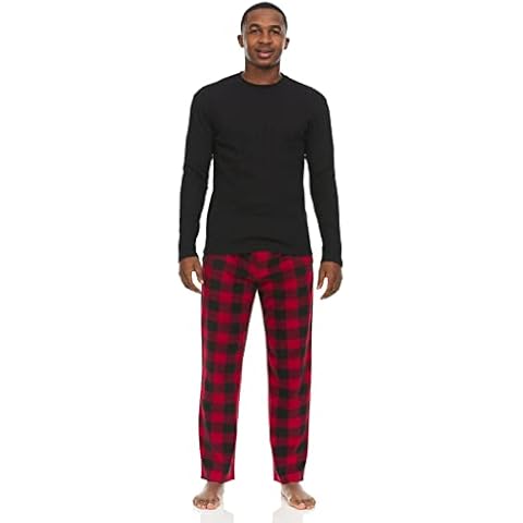 Swiss Alps Mens 2-Piece Pajama Set - Long Sleeve Thermal Top and Micro Fleece Plaid Pants, Black/Red, XL Cover