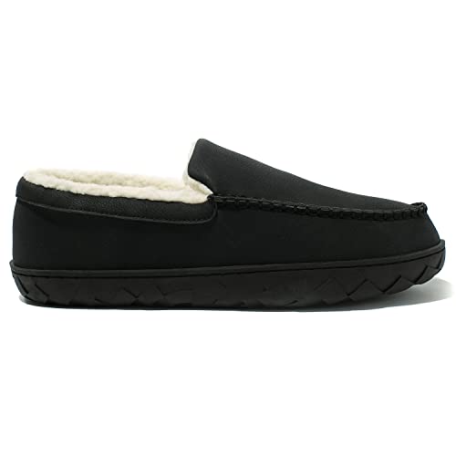 Newdenber Men's Moccasin Slippers Warm Memory Foam Leather Plush Shearling Lined Slip On Indoor Outdoor House Shoes (11 D(M) Us, Black) #TOP3