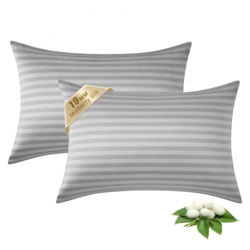 Image of THXSILK Set of 2 Mulberry Silk Pillowcase for Hair and Skin, Cooling Bed Pillow Cover with Hidden Zipper, Soft Smooth Print Silk Pillowcase Gifts for Women Men (Standard 20 inchx26 inch, Grey Stripes)
