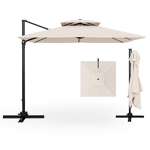 COSTWAY 3M Cantilever Garden Parasol, Square Offset Banana Umbrella with 360° Rotation, Dual Vented Top & Cross Base, 8-Rib Outdoor Hanging Sun Shade for Patio Market (Beige)