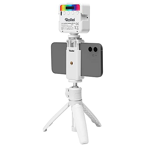 Rollei Comfort Desktop LED Set in weiß, Mini Stativ mit LED-Videolicht RGB, Kugelkopf und Smartphonehalterung, ist ideal für Vlogger und Blogger