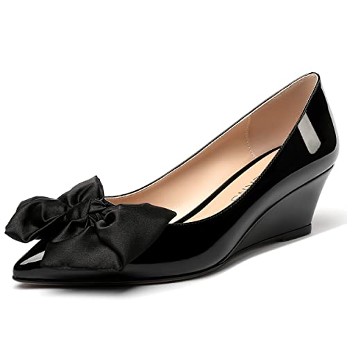 WAYDERNS Women's Patent Pointed Toe Slip On Bow Decoration Wedge Low Heel Pumps Shoes 2 Inch