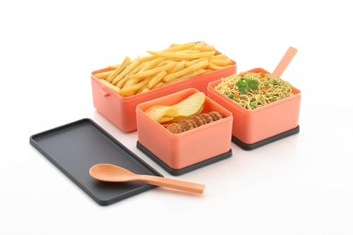 Image of Plastic Lunch Box Comes with 3 Detachable Box, 2 Spoons & Stylish Lid Bpa Free, Air Tight,Easy to Carry in Bagpack Ideal for Office, School & Oudoor Double Decker (Multicolor), 1.4 Liters