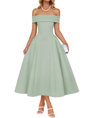 ZESICA Summer Cocktail Dresses for Women's Elegant Off Shoulder Short Sleeve Swing A Line Wedding Evening Party Midi Dress Light Green Small