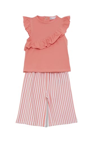 Street Monkey Conjunto camiseta con volante cruzado asimetrico y pantalon culotte de rayas verticales | Color: Coral | Talla: 6 meses