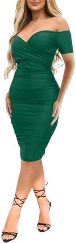 Ekaliy Women's Sexy Off The Shoulder Midi Dress Ruched Bodycon Dresses