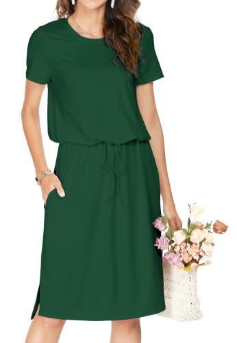 Image of Simier Fariry Womens Summer Hide Belly Knee Length Travel Dress Pocket Short Sleeve Midi Work Casual Outfits
