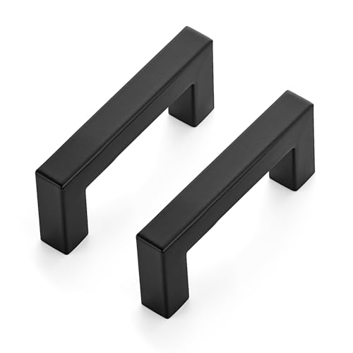 10 Pack Matte Black Cabinet Pulls, 3 Inch (76 mm) Hole Center Cabinet Handles, Square Kitchen Hardware for Doors, Drawers & Cupboards, Black Stainless Steel, 3.5 Inch Overall Length