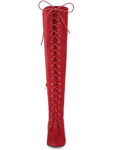 Allegra K Allegra K Women's Thigh High Boots Lace Up Stiletto Heel Red Boots Over Knee High Boots 8.5 M US