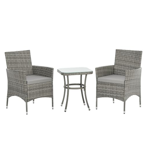 EVRE Copenhagen Outdoor Rattan Garden Bistro Set 3 Piece Wicker Table and Chairs Furniture with Cushions Glass Top Coffee Table for Conservatories Balcony Patio Poolside and Terrace (Grey) EVRE Copenhagen Outdoor Rattan Garden Bistro Set 3 Piece Wicker Table and Chairs Furniture with Cushions Glass Top Coffee Table for Conservatories Balcony Patio Poolside and Terrace (Grey)