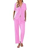 Ekouaer Women Pajamas Set Button Down Sleepwear Short Sleeve Nightwear with Long Pants Soft Pjs Set S-XXL Pink XXL