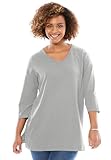 Woman Within Plus Size Perfect Three-Quarter Sleeve V-Neck Tunic - L, Heather Grey