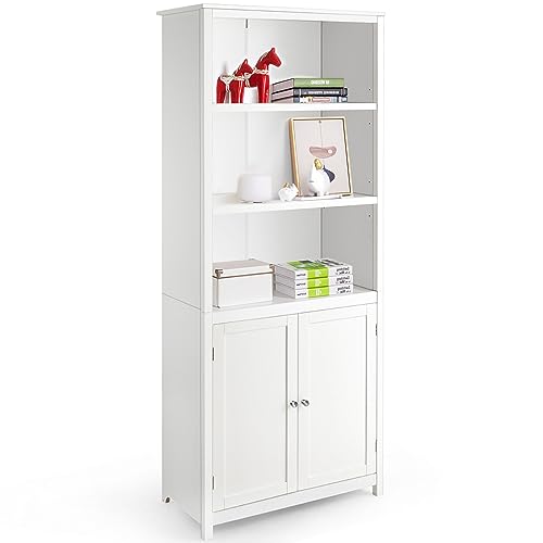 Tangkula Bookcase with Doors, 3 Tier Open Book Shelving, Freestanding Wooden Display Bookcase with Double Doors, Ideal for Home Office Living Room, Library with Doors, White Finish (White)