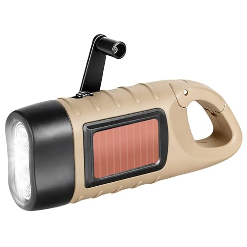 LAIVIYA Lampe Torche Solaire, Lampe de Poche LED d’Urgence avec Mousqueton, Lampe Dynamo Manivelle Portable pour Plein Air Camping Pannes de Courant Cyclisme...