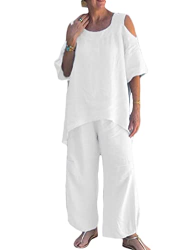Onsoyours Leinen Zweiteiler Damen Hose und Kurzarm Top Frauen 2 Teiler...