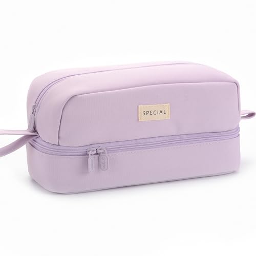 Image of Large Capacity Canvas Special Pencil Case Organizer With 2 Compartments, Big Cute School Aesthetic Pencil Pouch For Girls Boys Women Students Adults, Pen Pouch Bags With Zipper (Purple)