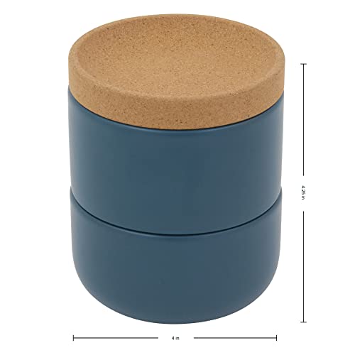 Image of Ceramic and Cork 3 Piece Stackable Salt and Pepper Cellar For Countertop Space Saving, Easy Lift Lid to Retain Freshness, Natural Cork and Teal Ceramic