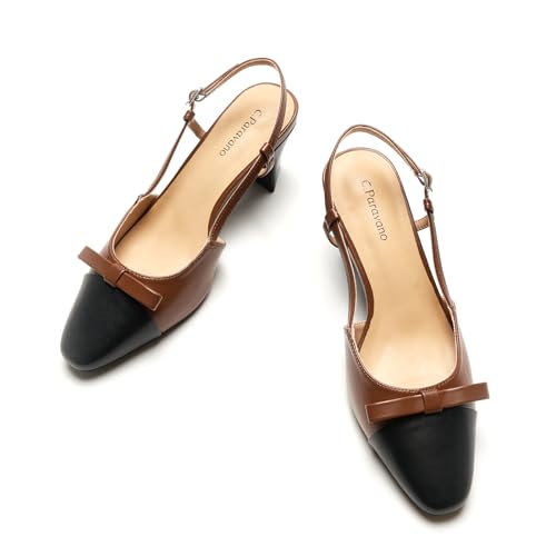 C.Paravano Women's Slingback Low Chunky Heels Almond Toe Block Heel Pumps Splicing Bowknot Fashion Party Dress Shoes 6 Black