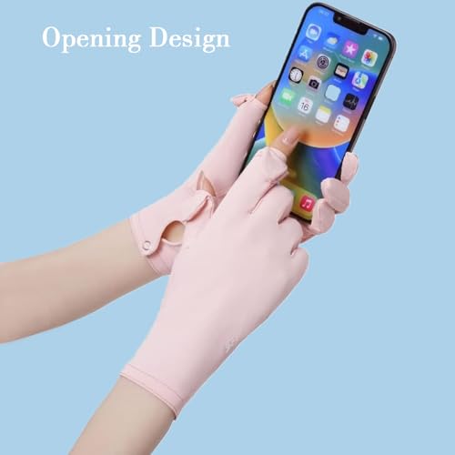 Image of Sun Protection Gloves for Women, Non-Slip Touch Screen Sun Gloves, Breathable Silk Cooling Gloves, Outdoor Full Finger Gloves for Cycling Driving Fishing, Breathable and Lightweight (Pink)