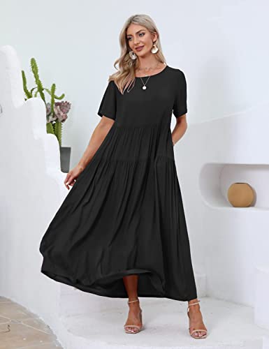 Yesno Women Casual Loose Bohemian Floral Dress With Pockets Plus Size Short Sleeve Long Maxi Summer Beach Swing Dress (3Xl Ejf Black) #TOP3