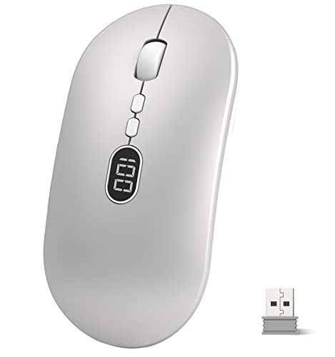 Ratón Inalámbrico Recargable con Pantalla de Display de Batería Silencioso Click Wireless Mouse 2.4G Ratón Mini Ultra Delgado Receptor USB 1600 dpi para Portátil/PC/Computadora/Macbook - Plata