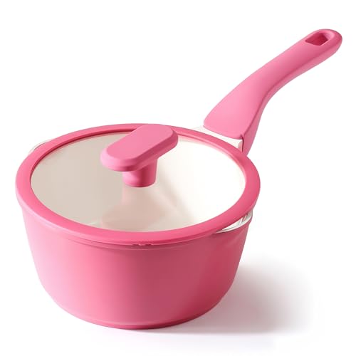 Image of PRICUSIS Ceramic Nonstick Saucepan with Lid, 2 Quart Non Toxic Pot with Pour Spouts, Full Coated, 100% Dishwasher Safe, Induction Compatible & Oven Safe, PTFE PFAS & PFOA Free, Raspberry Red