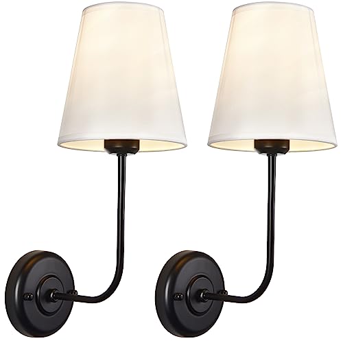 Image of Hardwired Wall Sconce Set of 2 with Flared Shape White Textile Shade Curved Arm and Black Finish Metal Base,Perfect for Bedroom Living Room Bathroom Vanity Area