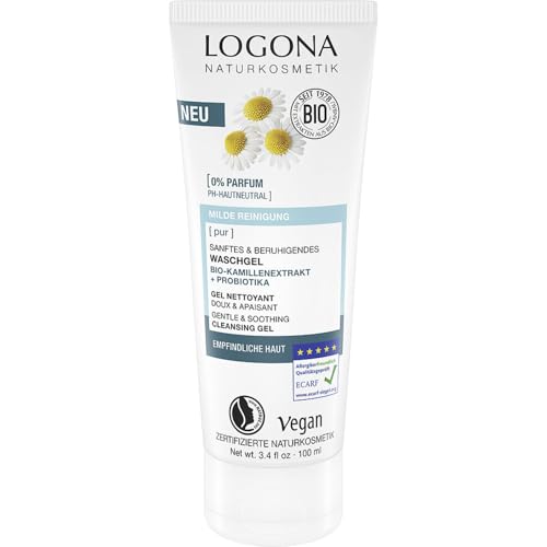 LOGONA Naturkosmetik PUR Sanftes & beruhigendes Waschgel mit Bio-Kamillenextrakt & Probiotika, pH-hautneutrales Reinigungsgel für empfindliche Haut, für eine reine Gesichtshaut, 100ml