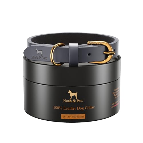 Image of NOAH & PAW XL Dog Collar for Large Dogs, Genuine Leather Large Dog Collar with Oil-Wax Finish, Heavy Duty Metal Buckle, Unisex Colors for Girl and Boy, Neck Size 18 inch-24 inch (Dark Blue).