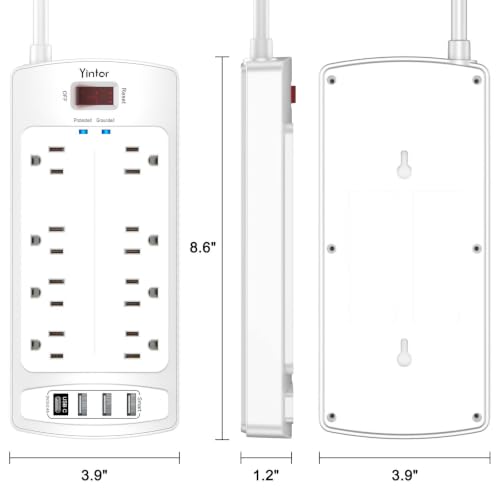 Image of Surge Protector Power Strip, Yintar 10 Feet Flat Plug Extension Cord with 8 AC Outlets and 4 USB Ports, 2700 Joules, ETL Listed, White