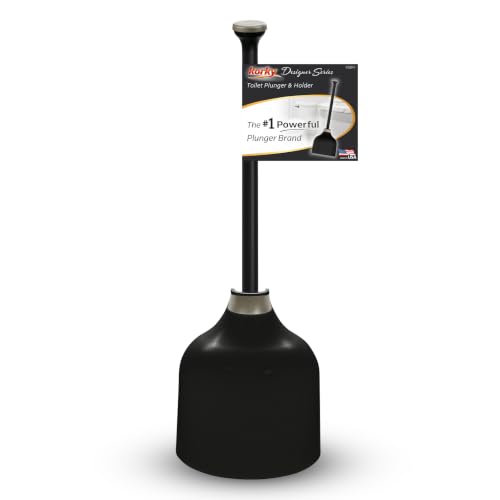 Korky Black Toilet Plunger and Holder Heavy Duty Compact Design Fast Clog Removal Easy to Clean - Made in USA