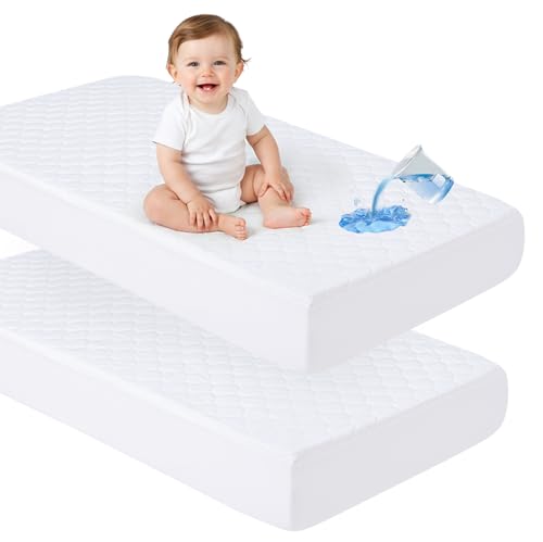 Image of david's kids 2 Pack 52''x28'' Waterproof Crib Mattress Protector Pad Cover Stretch up to 8 inch, Fitted Standard Crib and Toddler Mattresses, Ultra Soft and Breathable for Boys Girls Neutral, White
