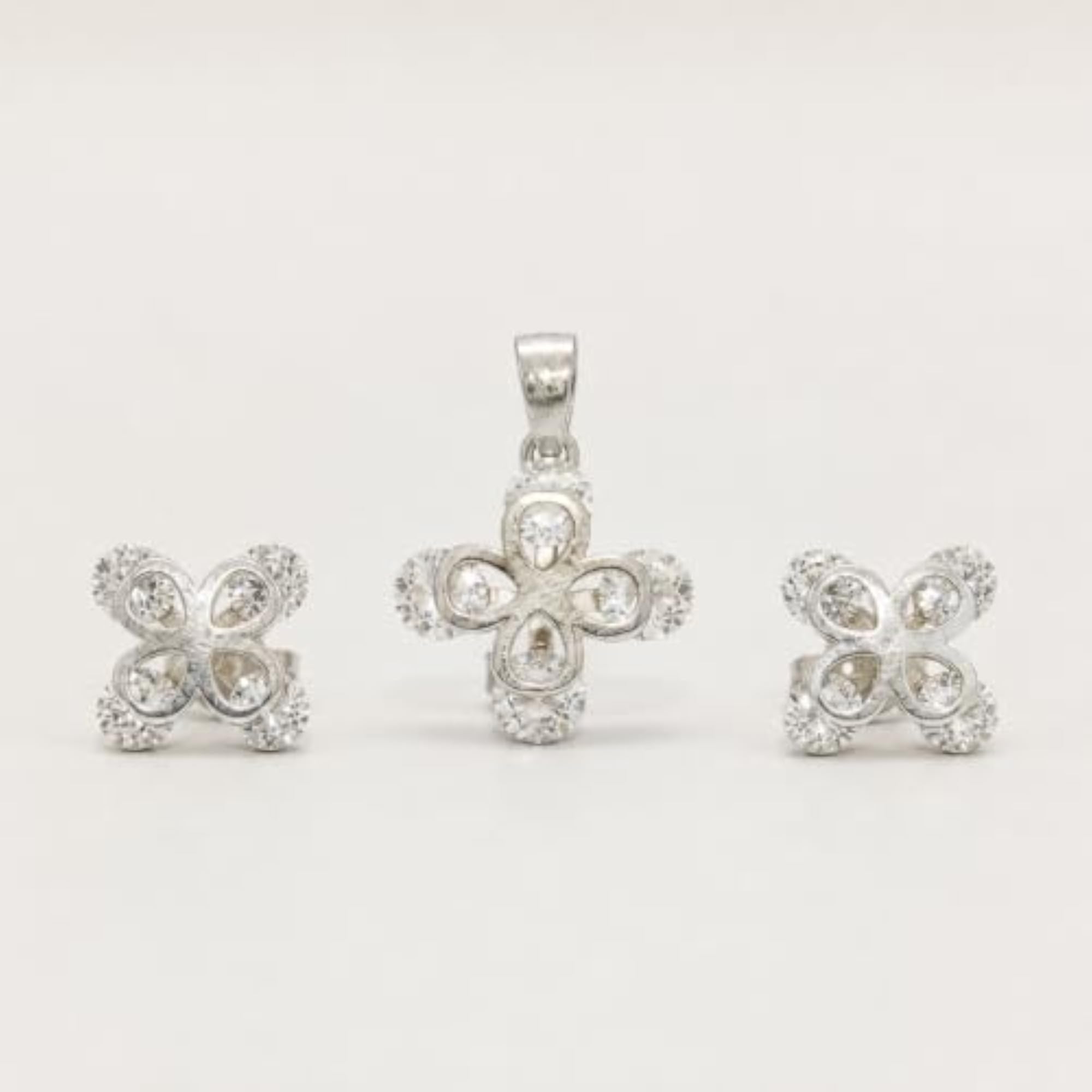 925 Sterling Silver Pendant & Earrings Set with Floral Cubic Zirconia